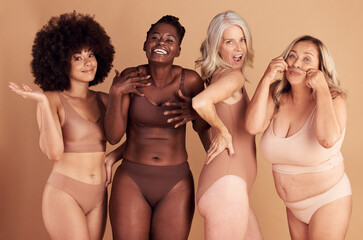 Lingerie, body positivity and women smile for diversity, self love and inclusive clothes against a...