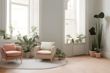 Stylish Armchair and Diffrent Potted Plants, Big Window, Minimalist Interior Design