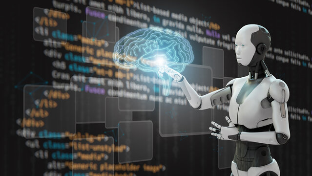 Robot hand artificial intelligence Ai pointing at word self learning improving development problem-solving solution tasks of future technology, ai computer, blurred coding background.3d rendering