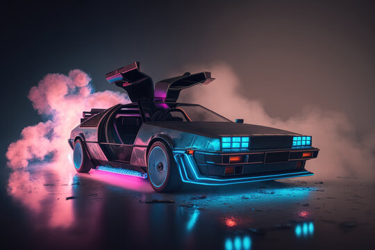 A car in neon fog stands on a dark background, front view. Sports car, futuristic autonomous vehicle. HUD car. Generative AI