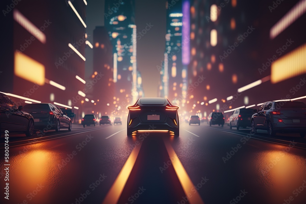 Canvas Prints Sports car rides through the streets of the city, rear view. Sports car, futuristic autonomous vehicle. HUD car. Generative AI