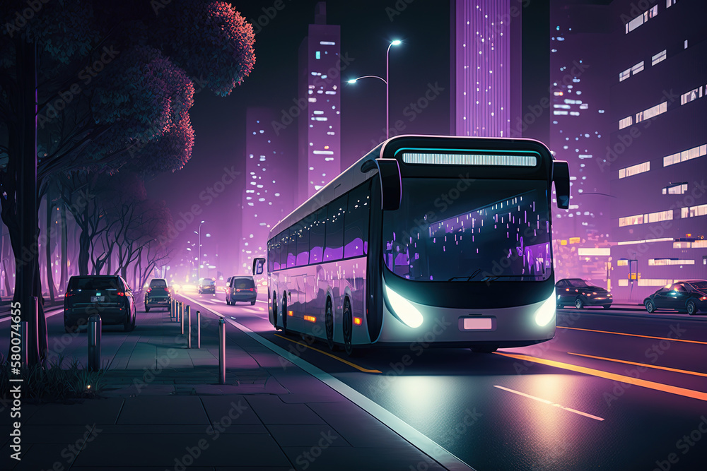 Sticker The bus rides on the road of the city, front view. Sports car, futuristic autonomous vehicle. HUD car. Generative AI