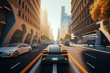 The car is driving down the city street, rear view. Sports car, futuristic autonomous vehicle. HUD car. Generative AI
