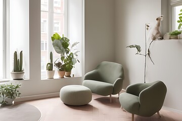 Stylish Armchair and Diffrent Potted Plants, Big Window, Minimalist Interior Design