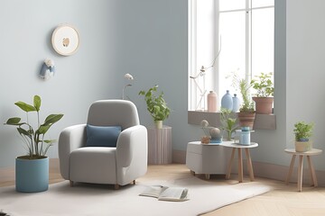 Stylish Armchair and Diffrent Potted Plants, Big Window, Minimalist Interior Design