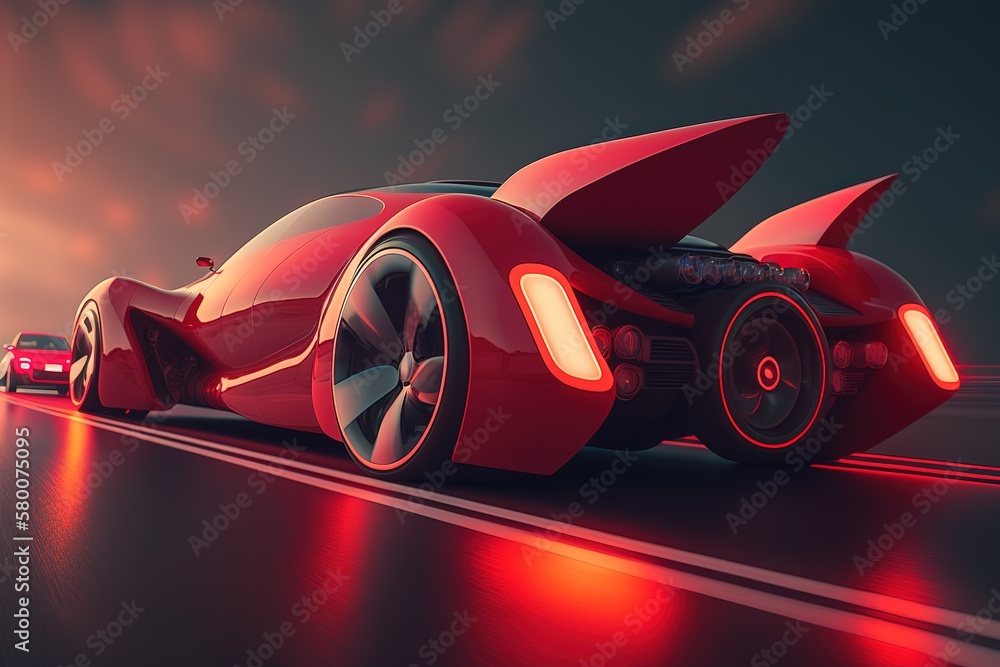 Sticker Red car in neon lights, rear view. Sports car, futuristic autonomous vehicle. HUD car. Generative AI