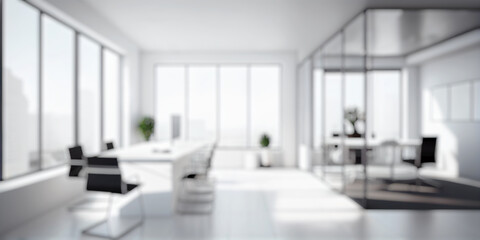 Fototapeta na wymiar Blurred large modern office workspace in the morning , interior workplace with cityscape for business presentation background, AI generated