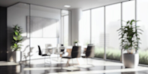 Blurred large modern office meeting room in the morning, interior workplace with cityscape for business presentation background, AI generated
