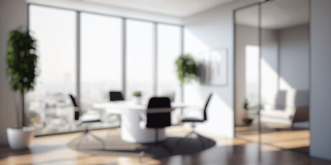 Blurred large modern office workspace in the morning , interior workplace with cityscape for business presentation background, AI generated