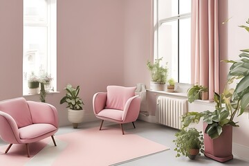 Stylish Armchair and Diffrent Potted Plants, Big Window, Minimalist Interior Design