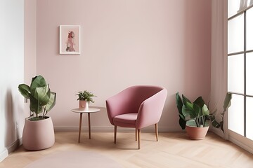 Stylish Armchair and Diffrent Potted Plants, Big Window, Minimalist Interior Design