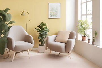 Stylish Armchair and Diffrent Potted Plants, Big Window, Minimalist Interior Design