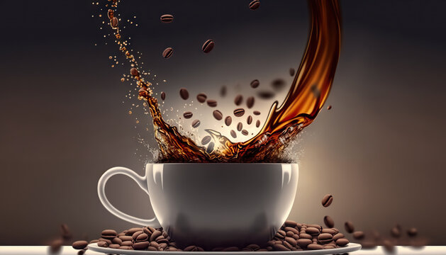 Delicious coffee with splashes and coffee beans pouring into a cup on a dark background. Based on Generative AI