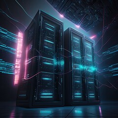 Cloud storage big data centre for storing backup files and security at a network database room.Generated AI