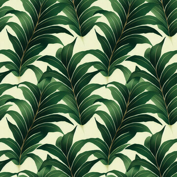 Summer seamless pattern with tropical exotic leaves. Generative AI art. © Hanna