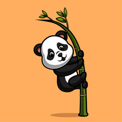 Cute  panda hanging on the bamboo. Vector illustration