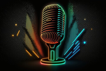 Microphone with bright colorful background. karaoke party. Illustration AI Generative - obrazy, fototapety, plakaty