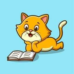 Cute cat cartoon reading a book. Vector illustration