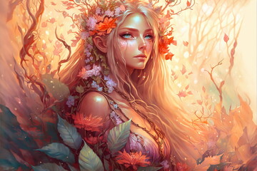 Wondrous fantasy portrait of goddess wood elf princess wearing beautiful flowery wreath blossom filled with vibrant flowers in springtime like fairytale in isolated background by Generative AI. - obrazy, fototapety, plakaty