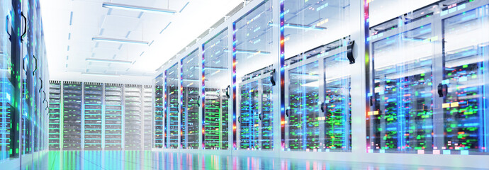 Big Modern server room, data centre or mining farm interior with beautiful neon lights reflections. Big bata, internet, security, personal information, business storage. 3D rendering illustration