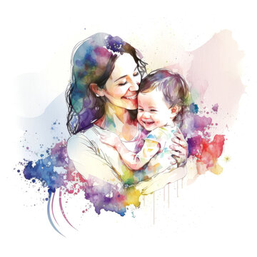 Mother hold baby , watercolor style , Generative Ai