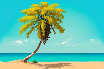 Fototapeta na wymiar One palm tree on the seashore. Copy space. Generated in Midjourney, Generative AI. 