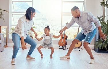 Family, dance and child with mom and dad having fun, bonding and enjoying weekend. Movement, love...