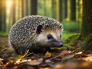 Cute common hedgehog at summer forest. Generative AI - obrazy, fototapety, plakaty