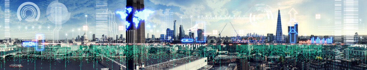 City of London view, business and financial area of capital with business intelligence key...