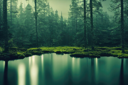 lake during morning in the forest, generative ai