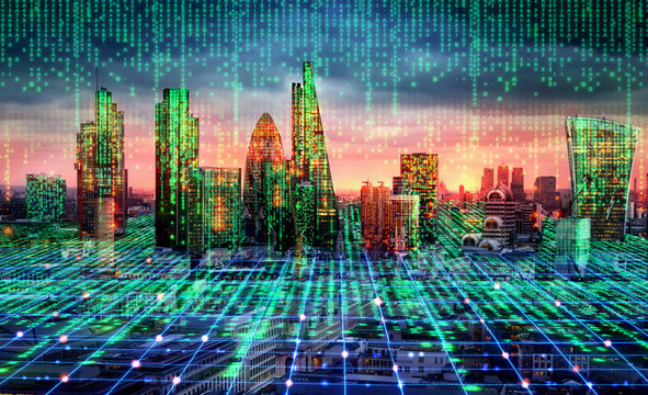 City of London view with matrix concept and digital connections. Virtual connectivity of the city. Financial district skyline with matrix sky background in green.