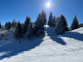 Amazing sport-recreational snowy winter tracks for skiing and snowboarding in the area of the tourist resorts of Valbella and Lenzerheide in the Swiss Alps - Canton of Grisons, Switzerland (Schweiz)