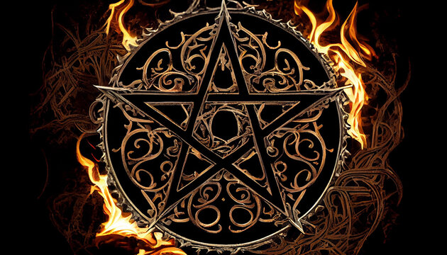 Black mass montage of occult Satanic pentagram materialising against a grunge texture background of alchemy symbols.