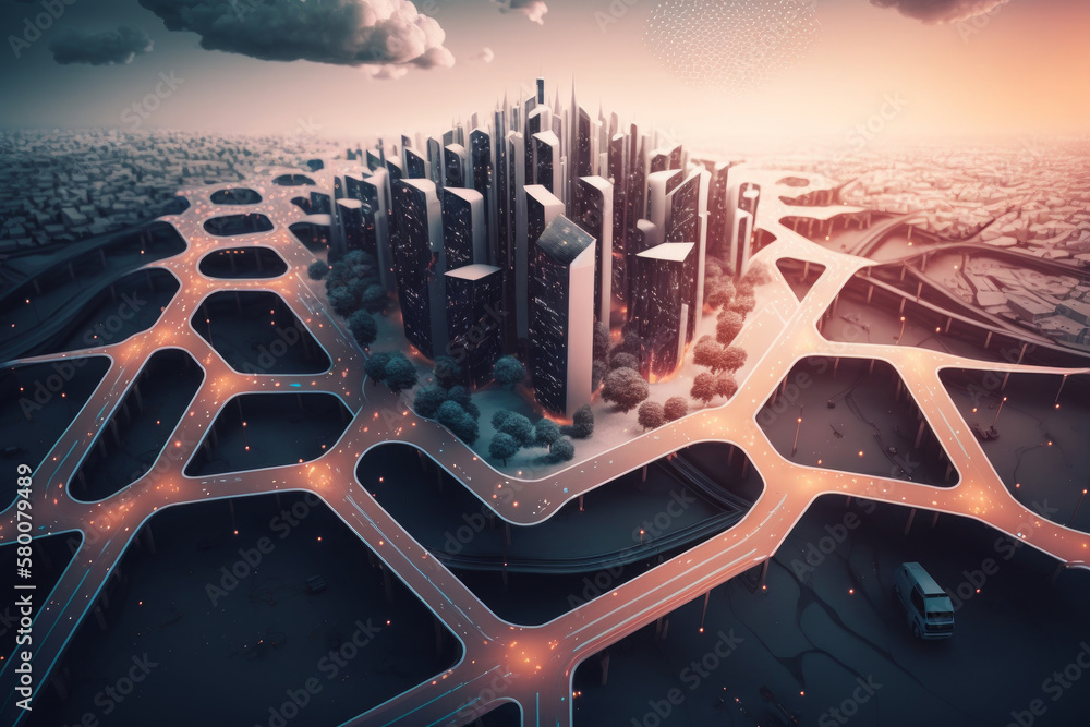 Poster smart city and polygon pattern connection with speed line. illustration ai generative