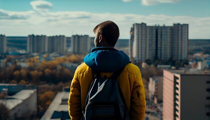 Obraz premium person looking on the kyiv landscape, generative ai