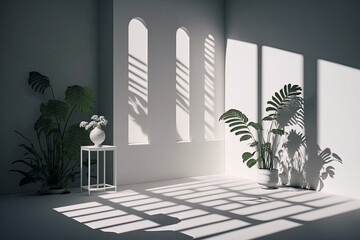 Empty room with shadows of window and flowers and palm. Illustration AI Generative
