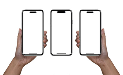 Obraz na płótnie Canvas Smartphone similar to iphone 14 with blank white screen for Infographic Global Business Marketing Plan, mockup model similar to iPhone isolated Background of digital investment economy - Clipping Path