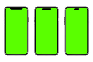 Smartphone frameless mockup. Studio shot of green screen smartphone with blank screen for Infographic Global Business web site design app, Content for technology, iphone 14, Clipping Path.