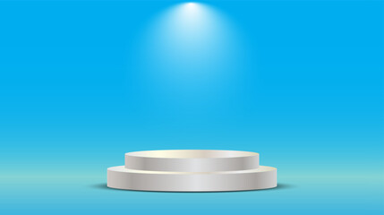 3D podium with spotlight on blue background. Realistic rounded stage. Metalic podium with spotlight.