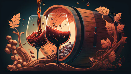 Glasses with wine on the background of barrels with wine and grapes. Generative AI