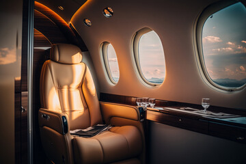 Interior of luxurious private jet with leather seats. Illustration AI Generative - obrazy, fototapety, plakaty