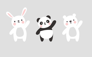bunny, panda, polar bear cartoon vector character, cute chibi animals collection set isolated on grey