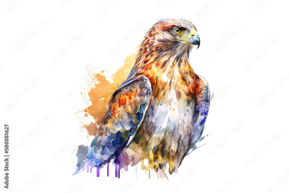 Poster hawk drawn with multi-colored watercolors isolated on a white background. generated by ai
