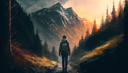A hiker making their way up the mountain road. Watercolor illustration. Generative AI