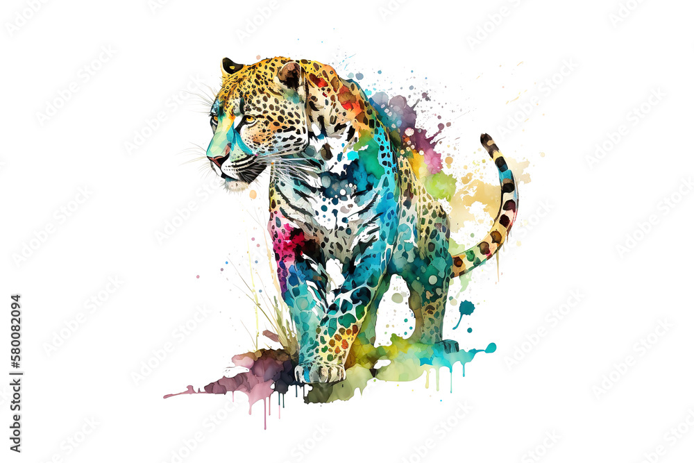 Poster leopard is drawn with multi-colored watercolors isolated on a white background. generated by ai