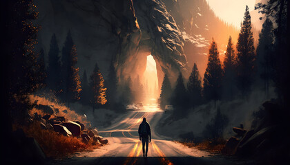 A hiker making their way up the mountain road. Watercolor illustration. Generative AI