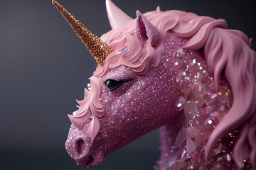 Pink beauty unicorn is a pink amethyst geode and sparkling mineral crystal reflections face pero pink amethyst geode and sparkling mineral crystal reflections, sculpture statue porcelain Generative AI - obrazy, fototapety, plakaty