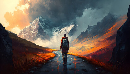 A hiker making their way up the mountain road. Watercolor illustration. Generative AI
