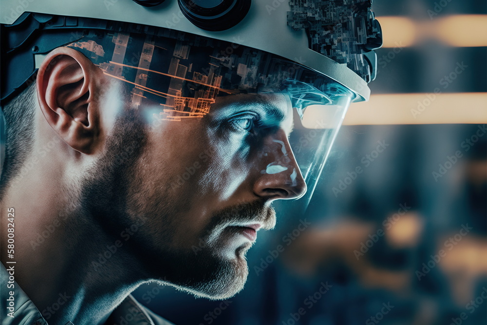 Poster technological engineer portrait ensuring high-quality and precise production quota on factory assemb