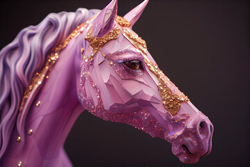 Pink beauty unicorn is a pink amethyst geode and sparkling mineral crystal reflections face pero pink amethyst geode and sparkling mineral crystal reflections, sculpture statue porcelain Generative AI